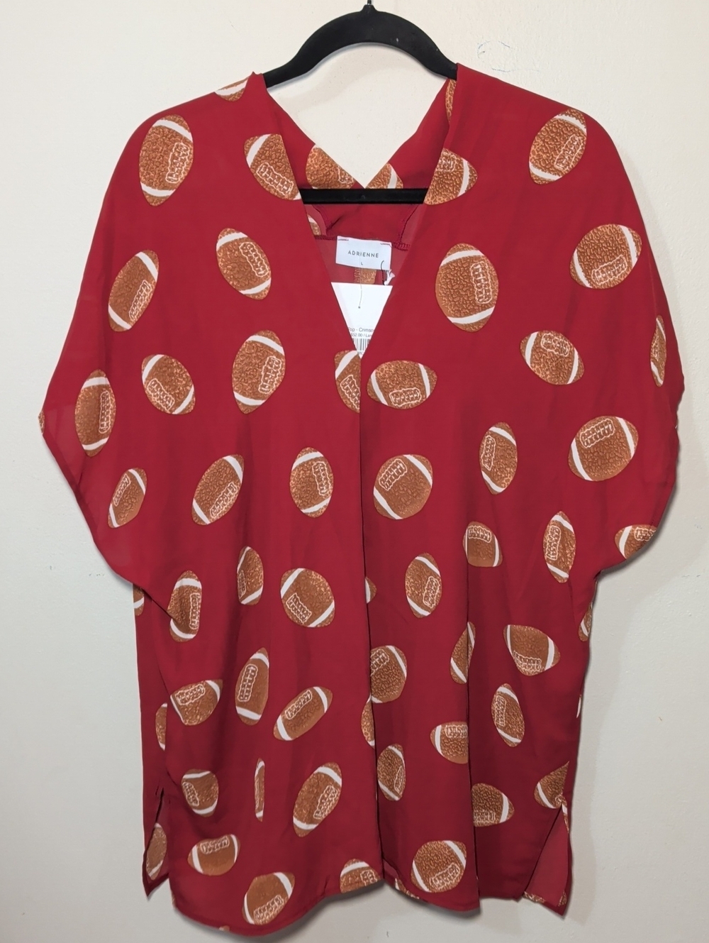 Adrienne Willow Top in Crimson Football Print V-Neck Blouse Sheer Women's Size L